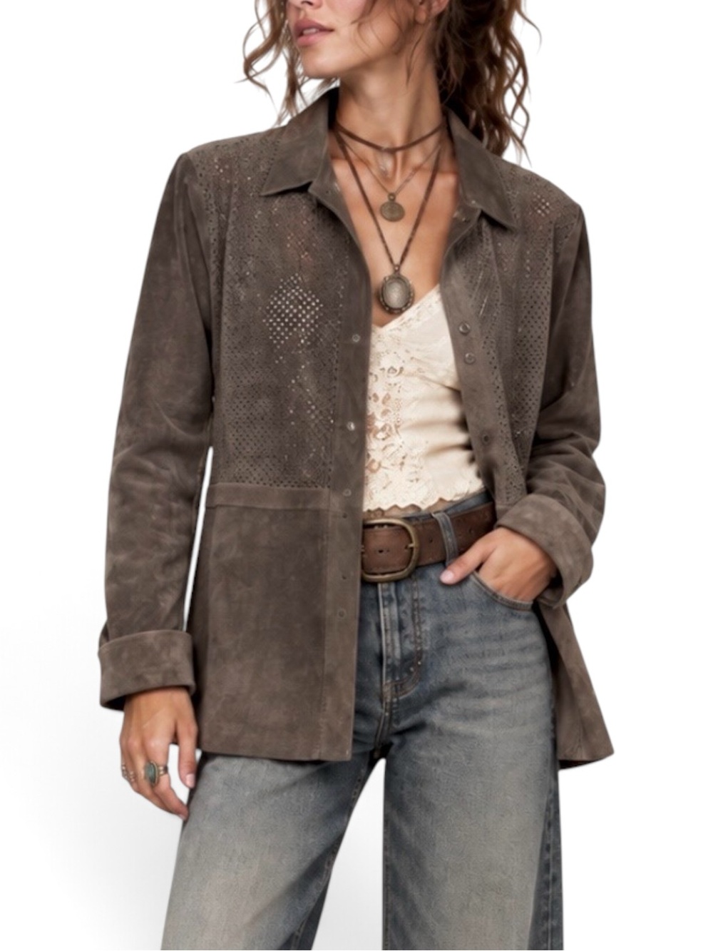 Ecru 100% Suede Laser Cut Chocolate Brown Snap Button Shirt Jacket Boho Indie L